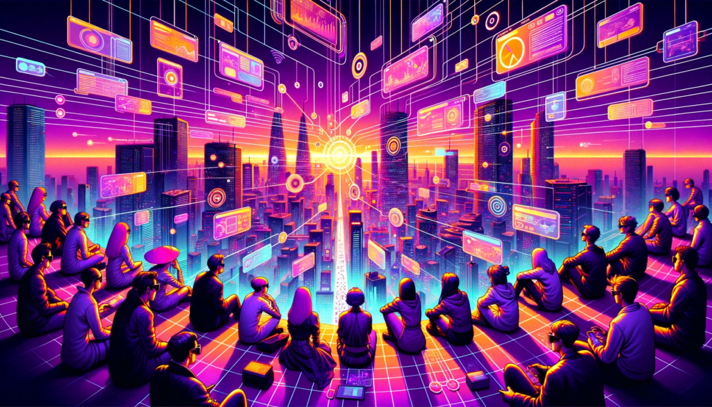 DALL·E 2023 10 19 15.16.11 Illustration Un groupe de personnes de divers genres et origines habillees a la mode cyberpunk est assis dans un espace ouvert avec une vue panoram