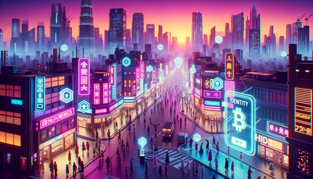 A vast cyberpunk cityscape under a gradient sky transitioning from purple to orange. The city is illuminated by neon signs, some of which display symbols representing identity and blockchain. People of different genders and descents navigate the streets, many interacting with holographic ID verifiers connected to the decentralized blockchain.
