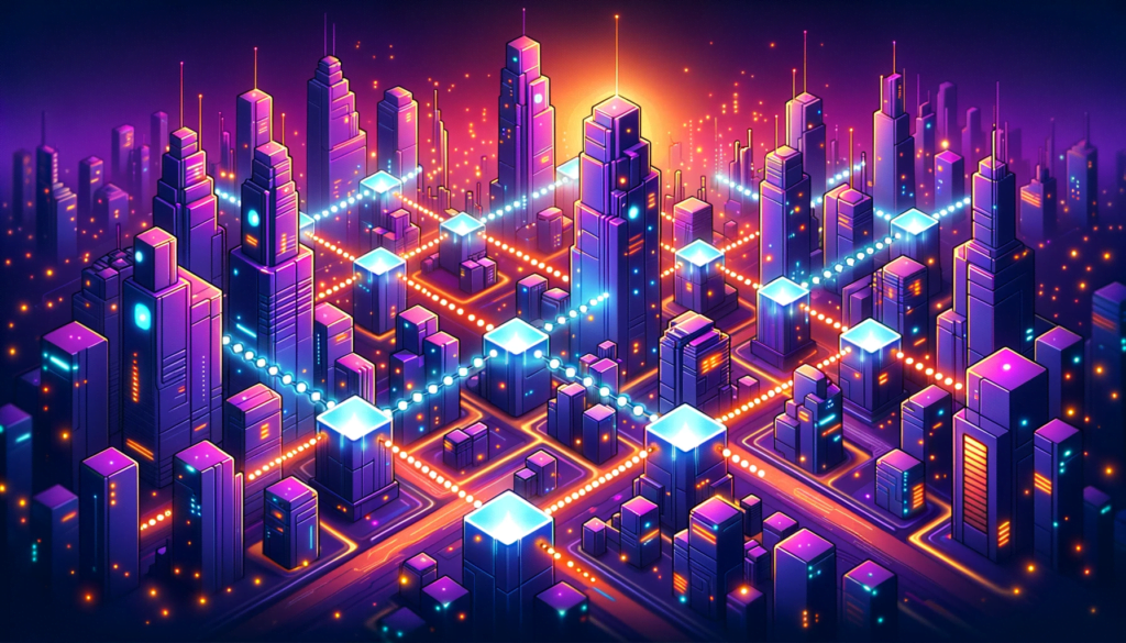Cyberpunk-styled landscape illustration depicting consensus in the blockchain. Futuristic buildings with purple and orange neon lights. In the center, a luminous blockchain connects to various nodes, symbolizing decentralized consensus