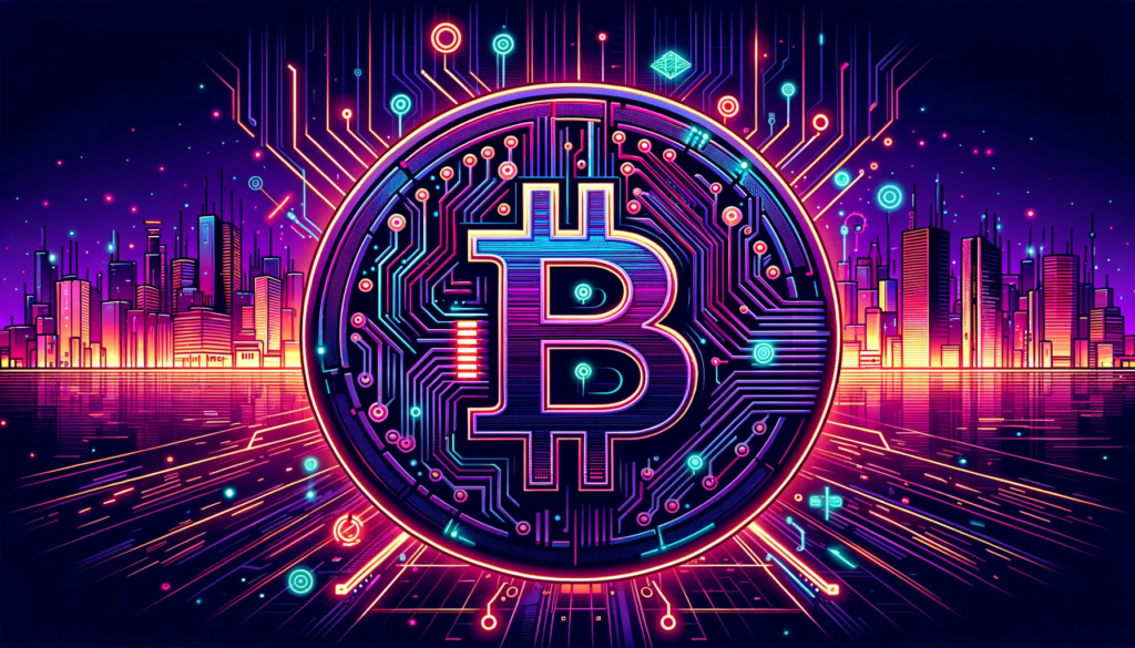 Illuminated Bitcoin coin with a neon cyberpunk skyline background