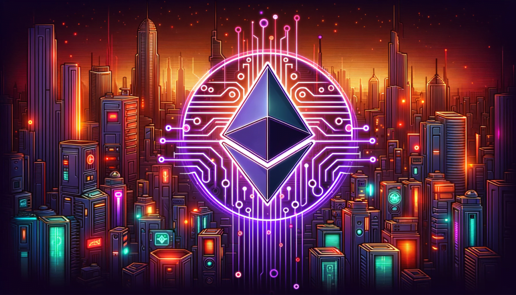 Glowing Ethereum coin surrounded by circuitry with a futuristic cityscape in the background