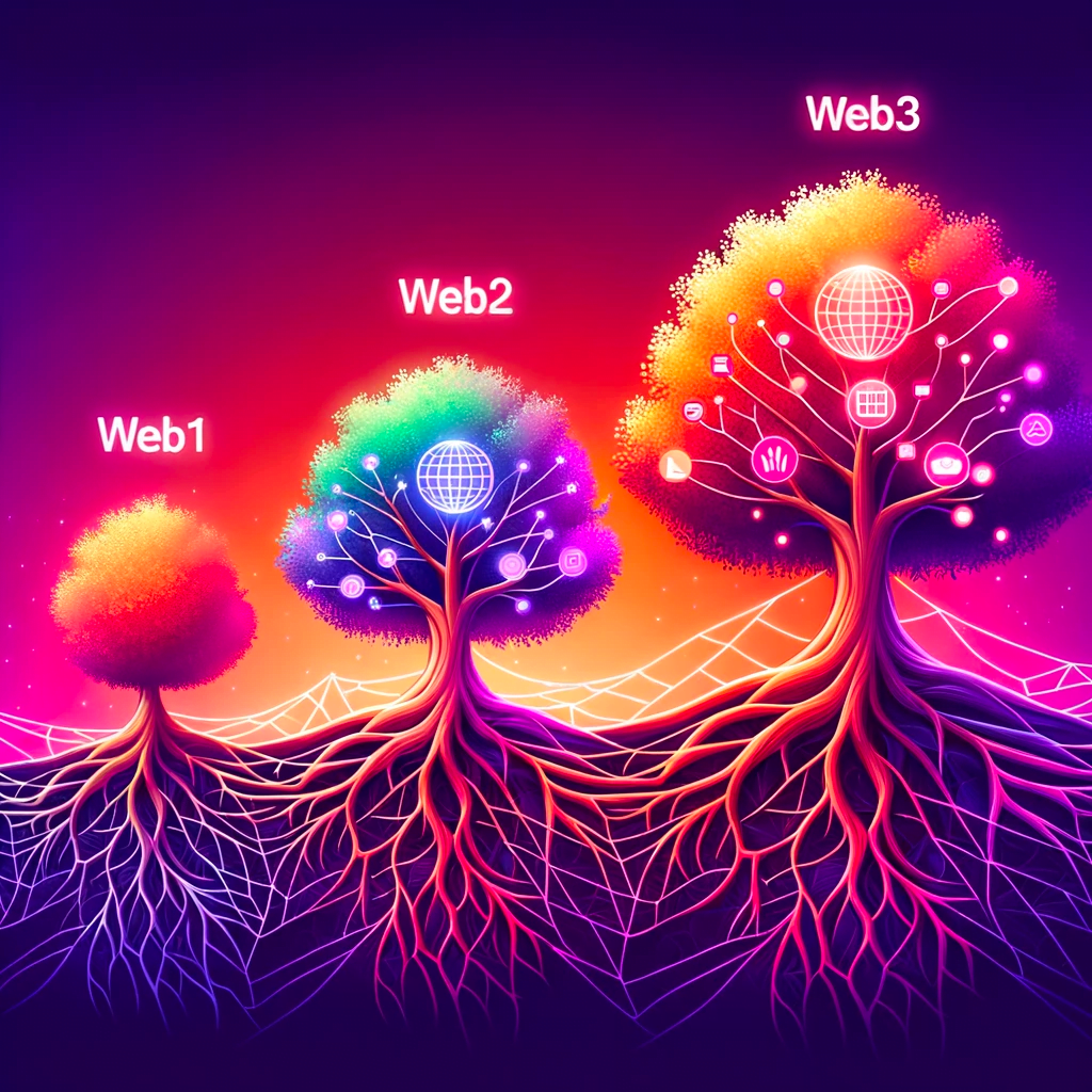 Three trees symbolizing Web1, Web2, and Web3 growth stages, with increasing complexity and interconnected icons.